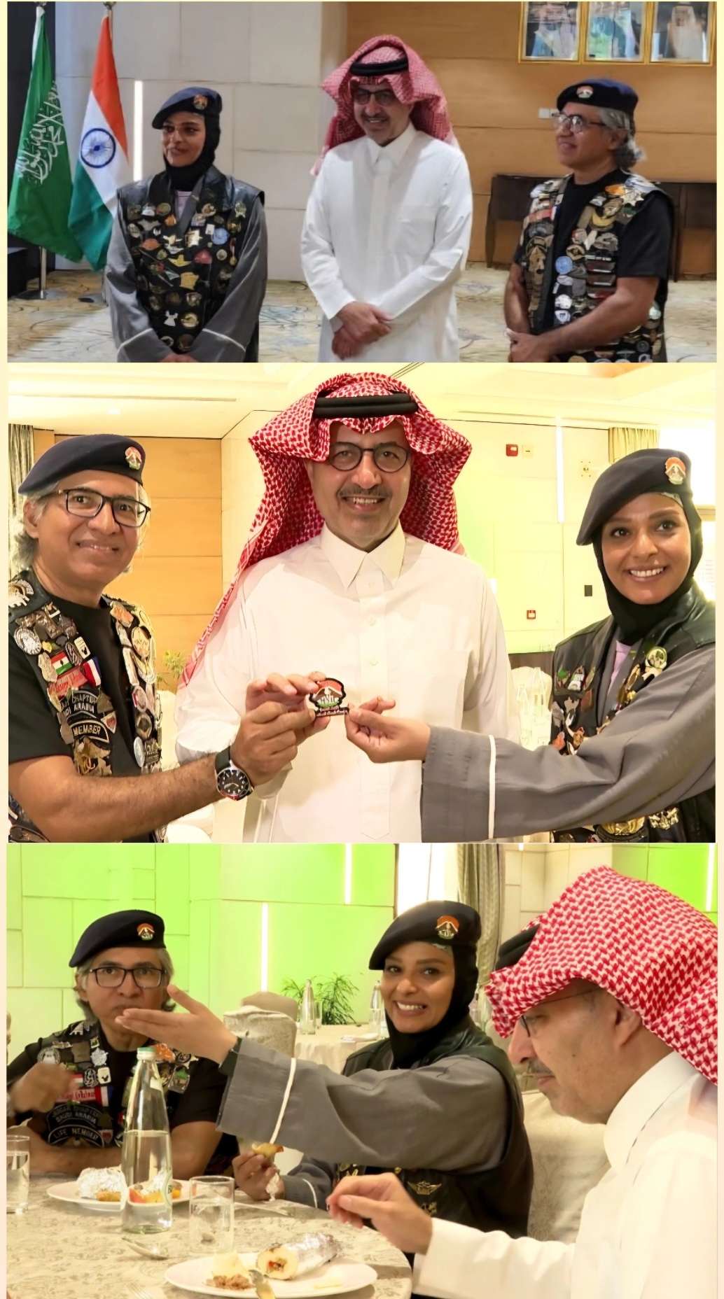 Capt. Amal Ahmed and Capt. Mir Shakeel UrRahman presenting their souvenir biker pin to H.E. Saleh bin Eid Al Hussaini and sharing breakfast with him at the Saudi Embassy in New Delhi