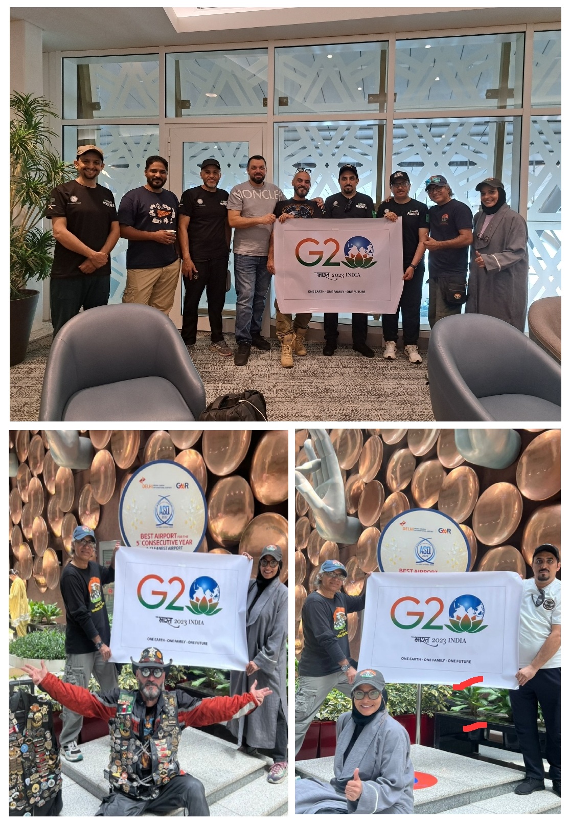 Indian Saudi Couple Travellers and participating riders with the India G20 banner at Jeddah Airport and New Delhi Airport during their 2023 journey